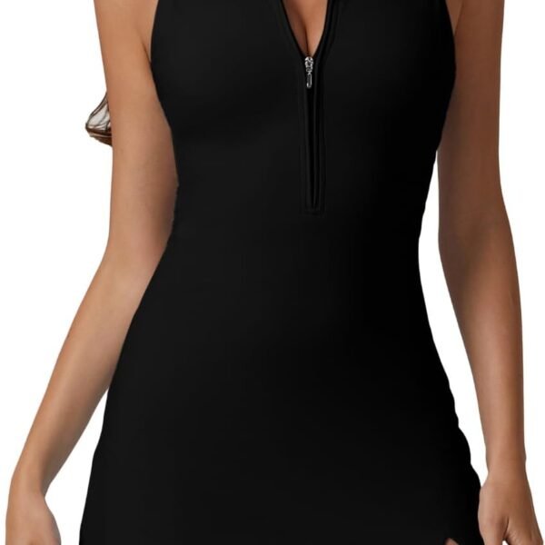 Womens Zip Front Tennis Dress Polo Collar Racer Back Workout Golf Dresses Build in Shorts with Pockets